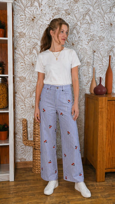 pantalon cerises bleu